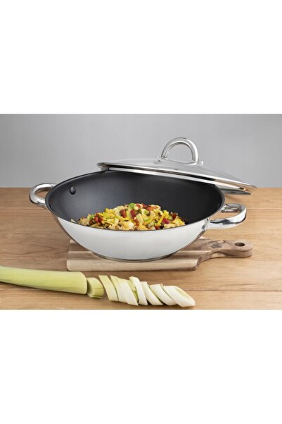 NO BRAND Wok din oțel inoxidabil 30 cm cu capac de sticlă