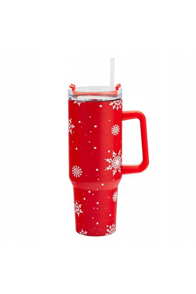 NO BRAND Cană termică 1,2 l roșie - stare de spirit de iarnă, cu mâner, din o...