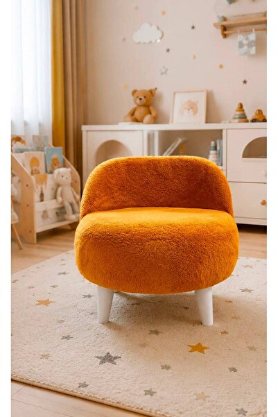DERİN HOME Teddy Yumuşak Peluş Kumaş turuncu Renginde Rahat Çocuk Koltuğu Doğal Ahşap Gürgen Ayaklı