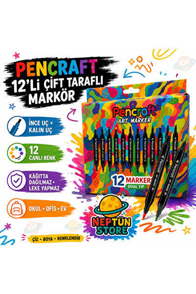 neptünstore Pencraft Art Marker 12’li Çift Taraflı Markör Kalem Seti – İnce v...
