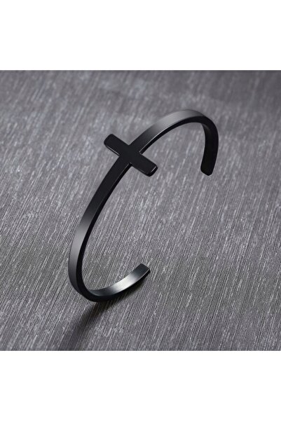 NO BRAND Brățară neagră Bangle cu cruce din oțel inoxidabil