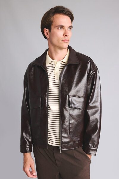 DeFacto Waterproof Regular Fit Stand Collar Lined Zippered Faux Leather Coat ...