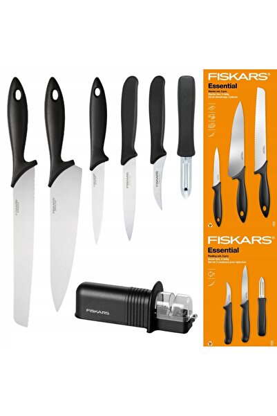 FiSKARS Set ESSENTIAL de 6 cuțite (de bucătărie + pentru curățat) + ascuțitoa...