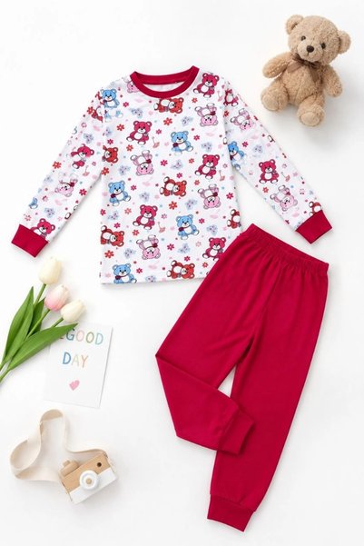 Generic Brand Girls' Premium Combed Cotton Teddy Bear Patterned Long Sleeve P...
