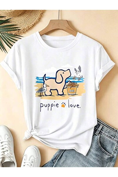 2BIR Puppy Love And Seagull Scene Pattern Women T Shirt Fashion Brand Summer ...