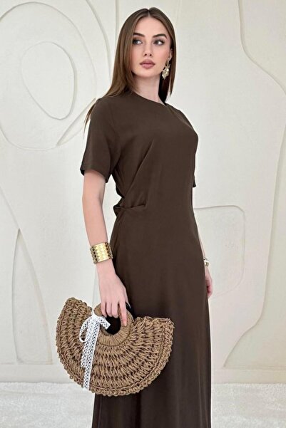 Elbee Fashion Woman Brown Pleated Crew Neck Dress