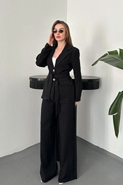 Generic Brand Black Belted Jacket and Trousers Set