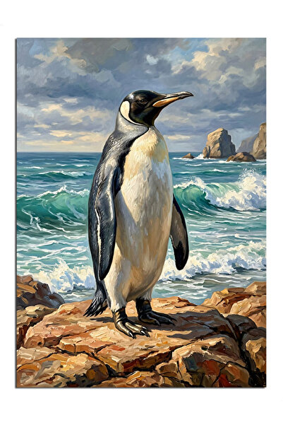 Artmeg Pânză decorativă cu peisaj cu pinguini pe stâncă - Masă din lemn MDF