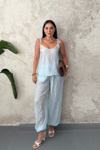 Generic Brand Blue Halter Neck Blouse and Pants Set