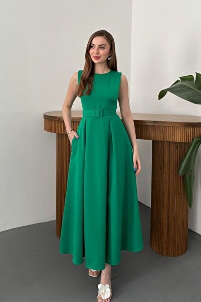 SEREMONİ BUTİK Dark Green Halter Neck Flared Dress