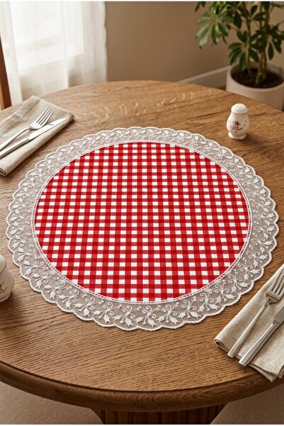Rona Home Yuvarlak Runner 60 cm Kırmızı Beyaz Kareli Güpürlü Masa Örtüsü Mutf...