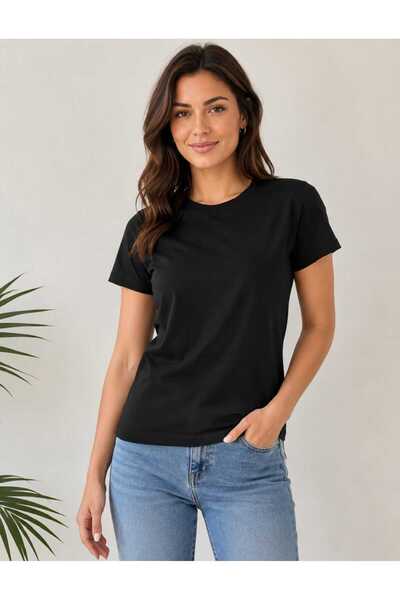 Kadın Basic Bisiklet Yaka T-Shirt Siyah