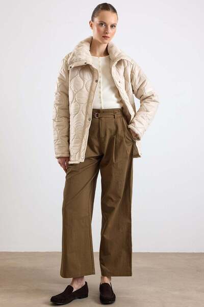 Olcay Large Size Short Quilted Coat with Fur Collar Bej 6904