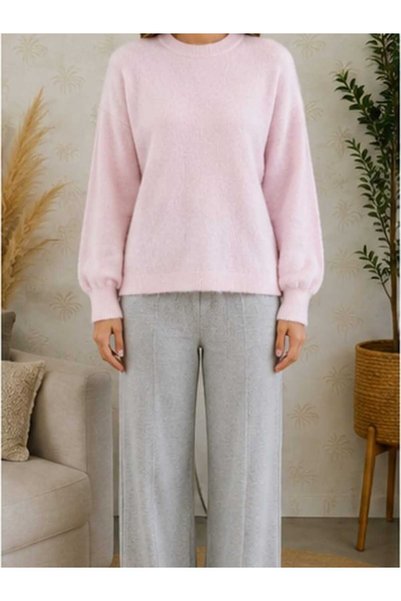BELLA VESTE ATELİER Women's Crew Neck Washed Balloon Sleeve Knit Sweater - Comfortable Fit Daily Stylish Basic Sweater