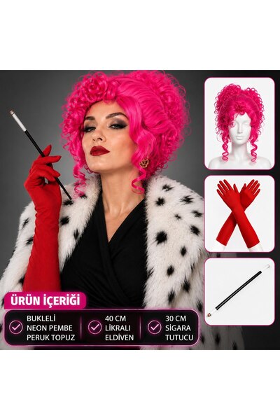 Skygo Neon curly pink wig long fabric red gloves and holder set (3 pieces)