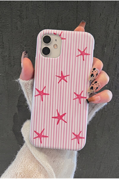 KVK PRİVACY iPhone 11 Uyumlu Pembe Deniz Yıldızı Desenli Çizgili Kadifemsi So...