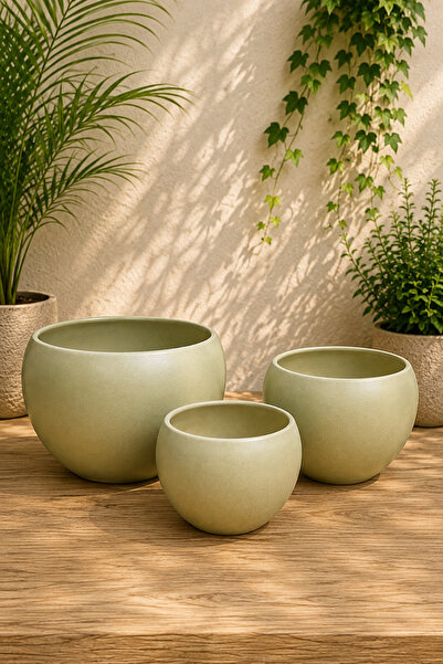 Generic Ceramic Natural Green Round Pot - SET 3PCS