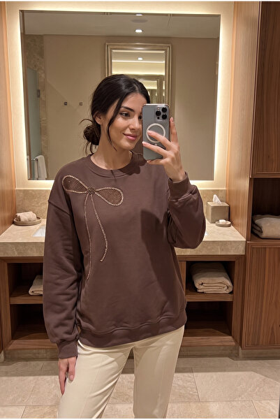 FEMELLE Brown 100% Cotton Bead Embroidered Sweatshirt with Ribbon Pattern