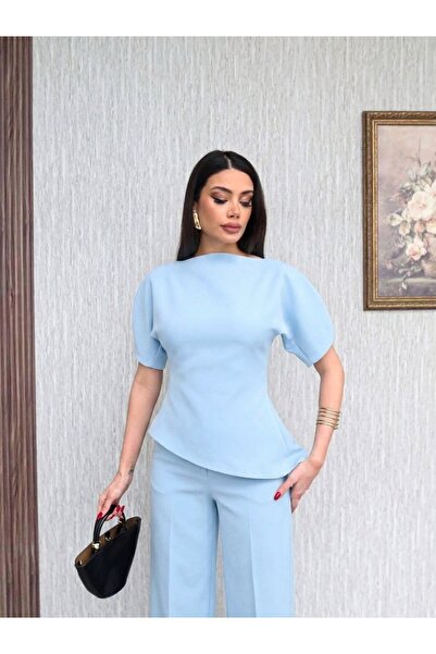 QETEENN Kadın Siyah Balon Kol Asimetrik Kesim Bluz ve Yüksek Bel Pantolon Takım