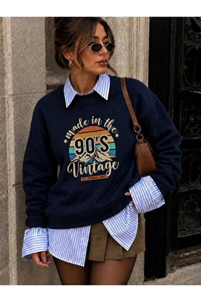 SANTAMİLA Navy Blue Crew Neck 90's Printed Oversize Sweatshirt