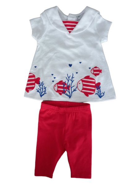 OEM Set 2 piese pentru copii, Rochie și Pantaloni, Alb-Roșu, Imprimeu cu peșt...