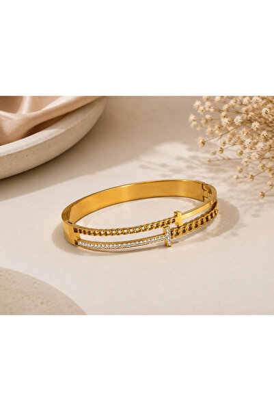 Archhazel Jewelery Steel Handcuff Bracelet with Gold Chain and Stone Detail –...