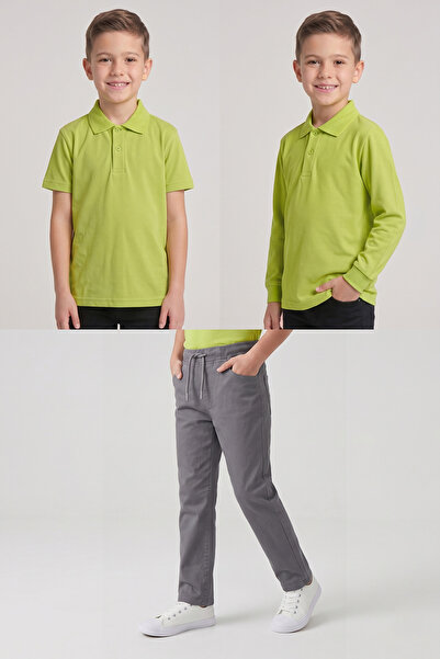 nacar çarşı Boys' School Pistachio Green Long and Short Sleeve Polo Collar T-...