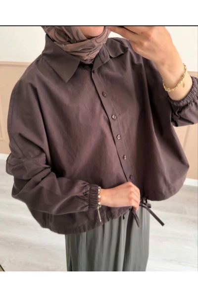 Bahar Altundemir Kadın Beli Büzgülü Oversize Düğmeli Crop Gömlek