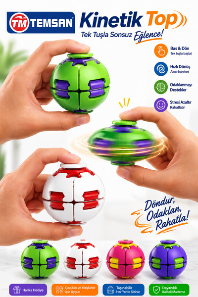 tmtemsan Kinetik Basmalı Dönen Top Tek Tuşlu Renkli Fidget El Oyuncağı