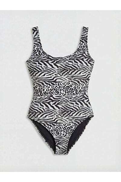 LC Waikiki Black U-Neck Zebra Patterned Women's Swimsuit