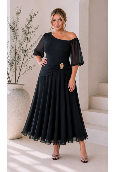 Butik Nilyam Kadın Büyük Beden Kayık Yaka Truvakar Kol Bel Broş Detaylı Uzun ...