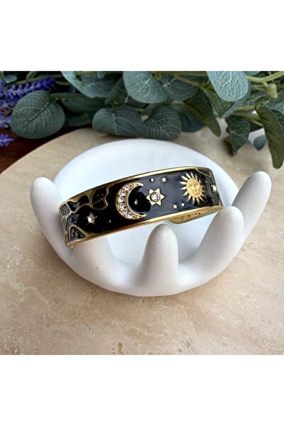 nesdesignn Black Enameled Steel Handcuffs with Sun and Moon Tattoos