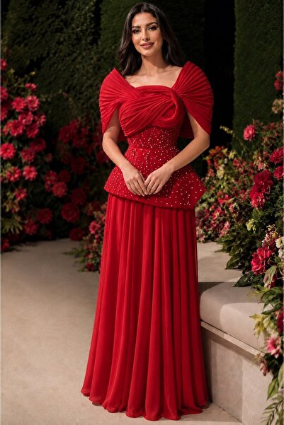 Jood Long Corset Evening Dress with Rhinestone Accents and Pleated Details