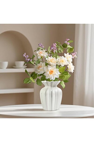 Generic White Ceramic Vase,14cm Small Ribbed Flower Vase,Round Mouth for Flow...