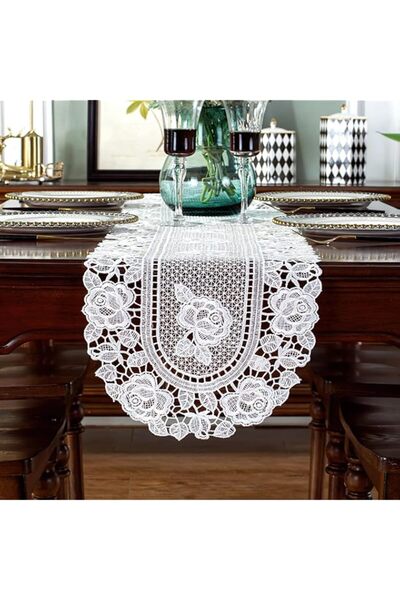 Generic Brand White Crochet Lace Table Runner, 12 x 72 Inch Peony Floral Embr...