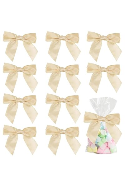 Generic Satin Twist Tie Bows for Treat Bags 4.5" Pre-Tied Champagne Bows with...