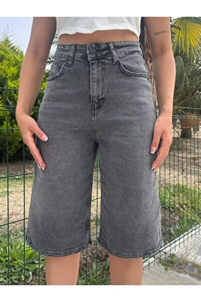 ELCİDO Kadın Antrasit Yüksek Bel Likralı Denim Bermuda Şort