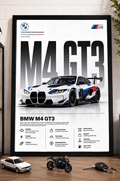 dudekohome MW M4 GT3 Yarış Arabası Beyaz M Siyah Çerçeveli Poster Tablo DDK1089