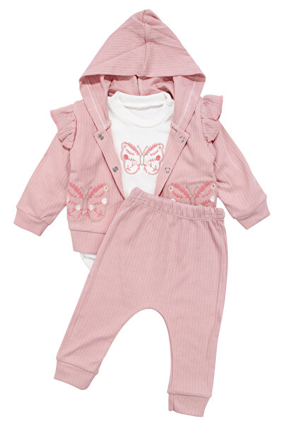 bebegen Baby Girl Ecru Pink Butterfly Embroidered Ruffle Cardigan 3-Piece Set