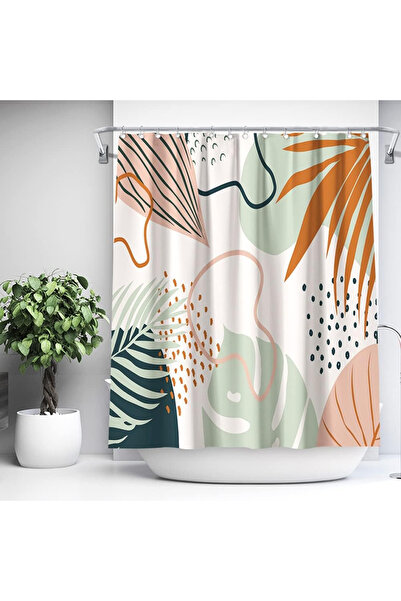OEM Perdea de duș, Design cu plante abstracte, 180x180cm, Textil, cu cârlige