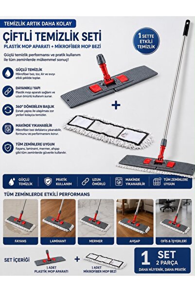Ceyhanlar 50 cm Mop Temizlik Seti Plastik Mop Aparatı + Nemli Mop Bezi 360° D...