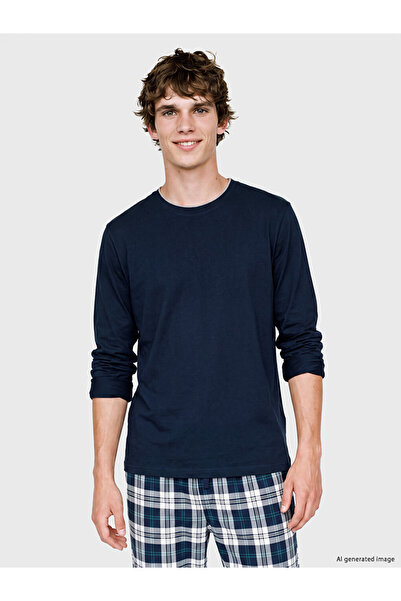 LC Waikiki Navy Blue Crew Neck Long Sleeve Men's Sleepwear Top