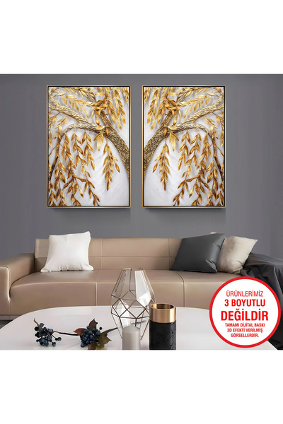 EMYA HOME Set de 2 tablouri pe pânză cu ramuri de copac înrămate cu metal auriu