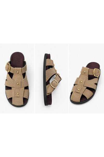volenta deluxe aksesuar Women's Brown Suede Sandals with Buckle, Daily Comfor...