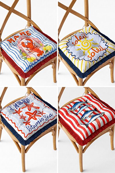 IdeCraft Sea-Themed Lobster, Fish and Starfish Patterned Fringed 4-Piece Puff...