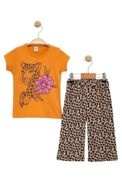 OEM Set tricou și pantaloni lungi cu imprimeu leopard pentru fete, Portocaliu...