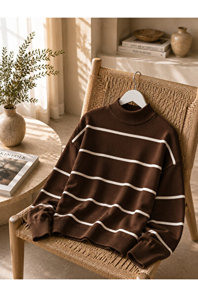 pepule Women's Half-Throat Striped Knitwear Sweater Oversize Loose Design