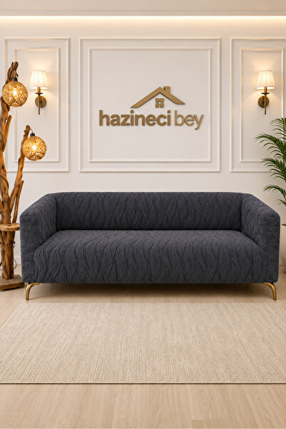 Hazineci Bey Jakarlı su desen 3 Kişilik Antrasit Lastikli Kanepe Örtüsü | Las...