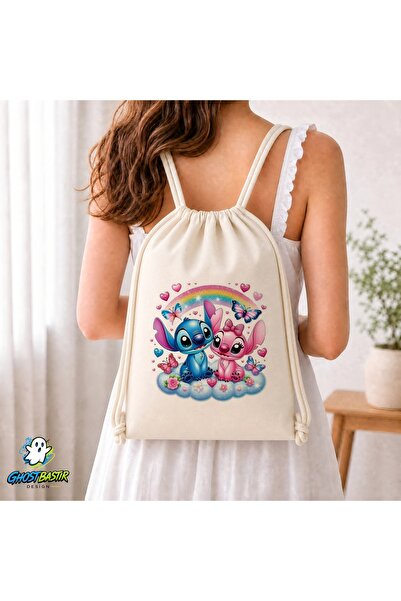 Ghostbastır Design Stitch and Angel Drawstring Linen Bag C290