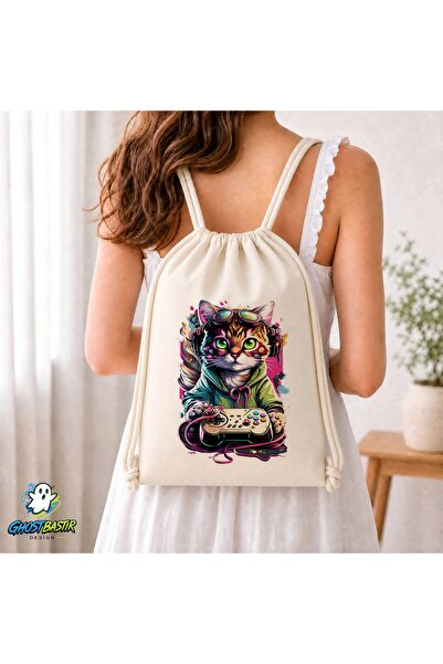 Ghostbastır Design Player Cat Drawstring Linen Bag C211